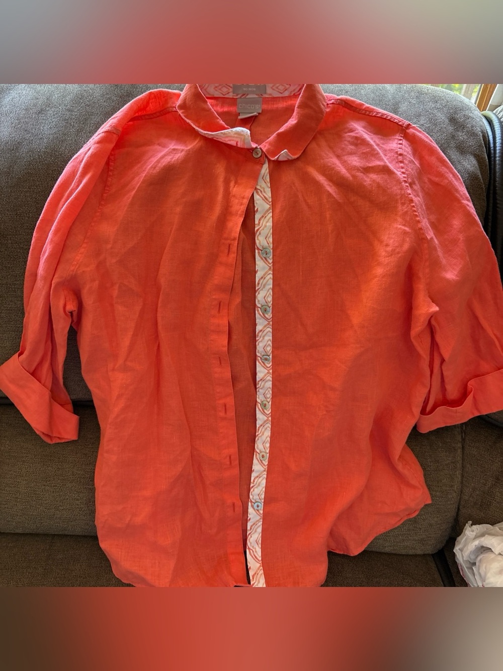Chicos No Iron Linen 3/4 Sleeve Button Down Shirt Size 2 US Coral